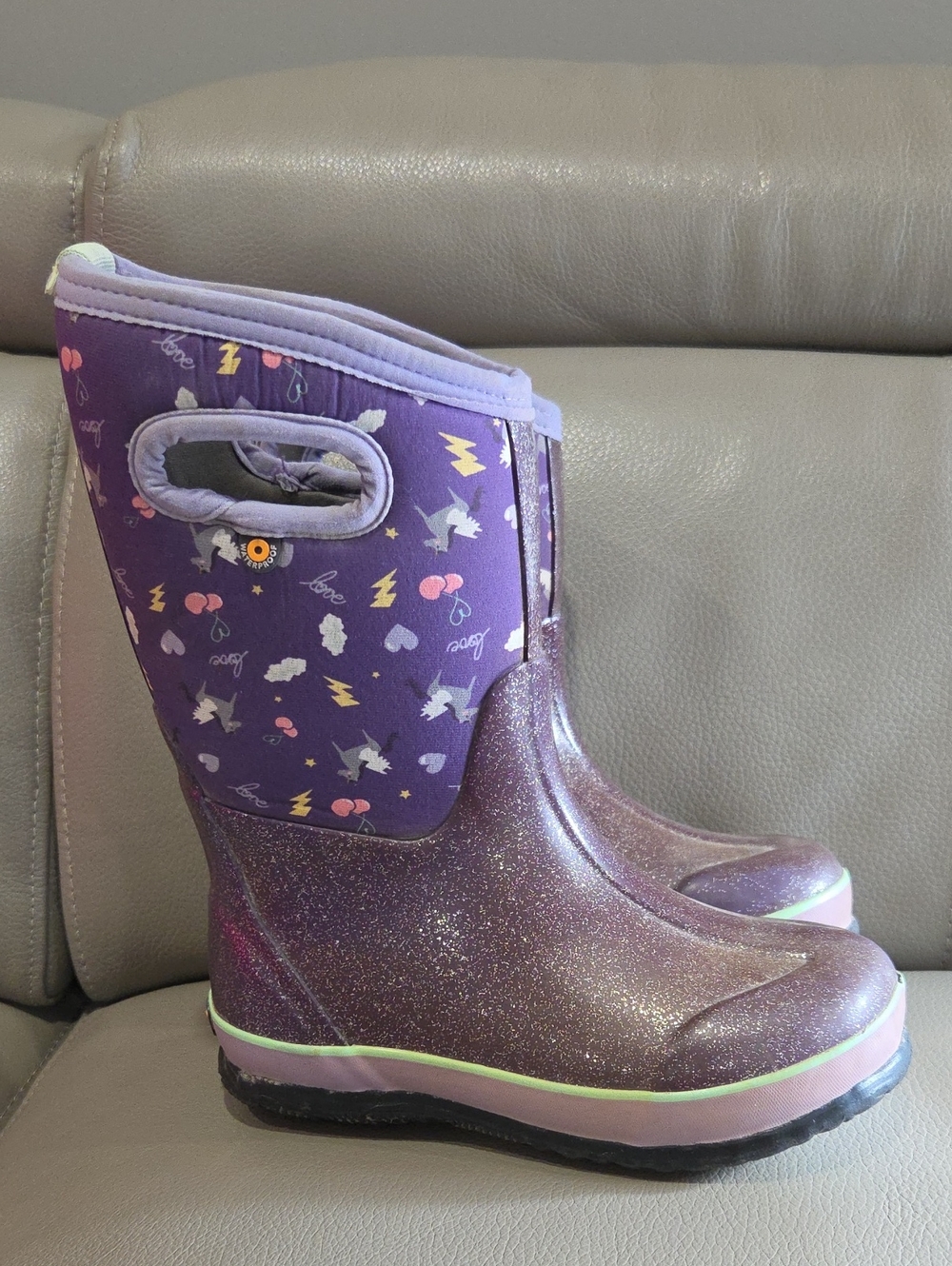 Bogs Kids Purple Glitter Rain Boots with Patterned Shaft